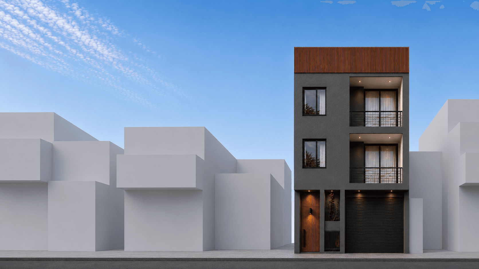 Fachada de edificio de apartamentos inteligentes Hyaku en gris basalto con acentos de madera cálida